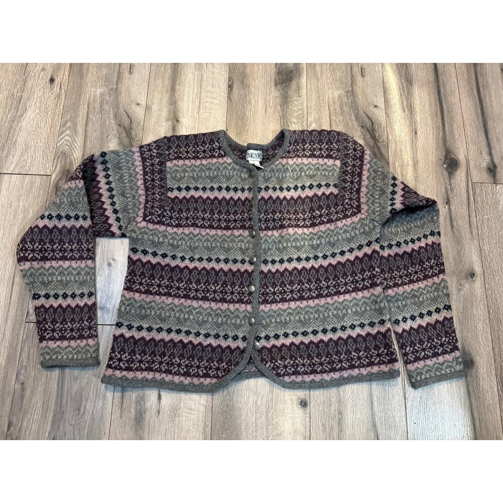 Vintage SKYR Wool Cardigan Sweater M Fair Isle Pattern Gray Pink Purple